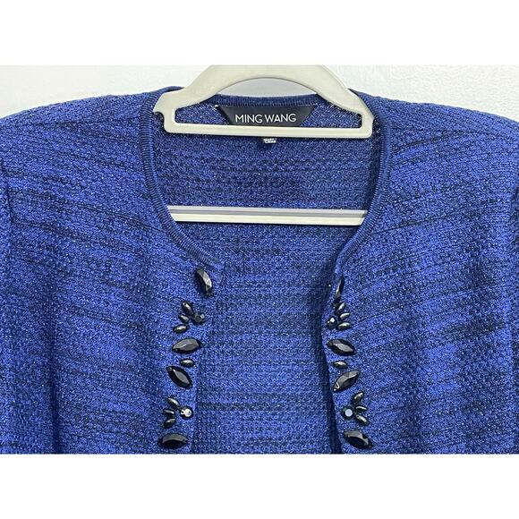 Ming Wang Cardigan Sweater XS Blue Beaded Ruffled 3/4 Sleeves Bling Twee NWT - Picture 2 of 7
